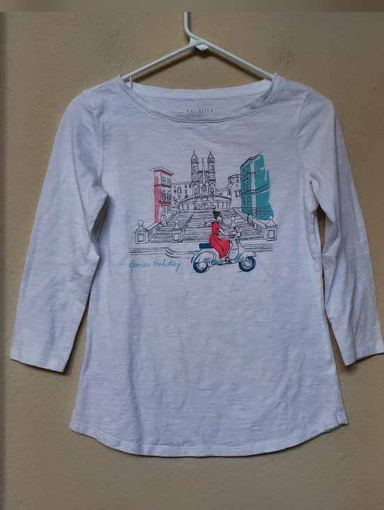 Talbots Tops - Talbots White Long-Sleeve Tee with Roman Holiday Scooter Graphic